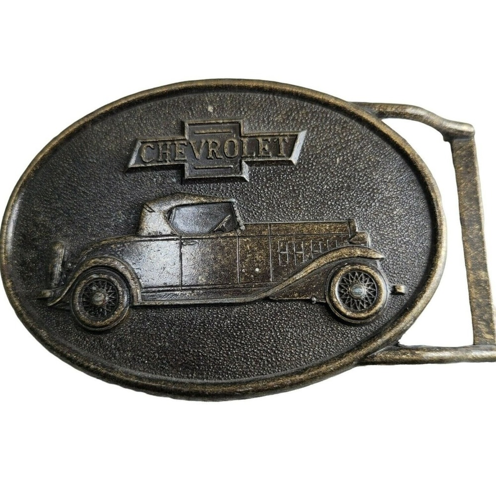 Chevrolet Belt Buckle Mens Bronze Roadster Car RJ Roberts Co Rodeo Western Vtg